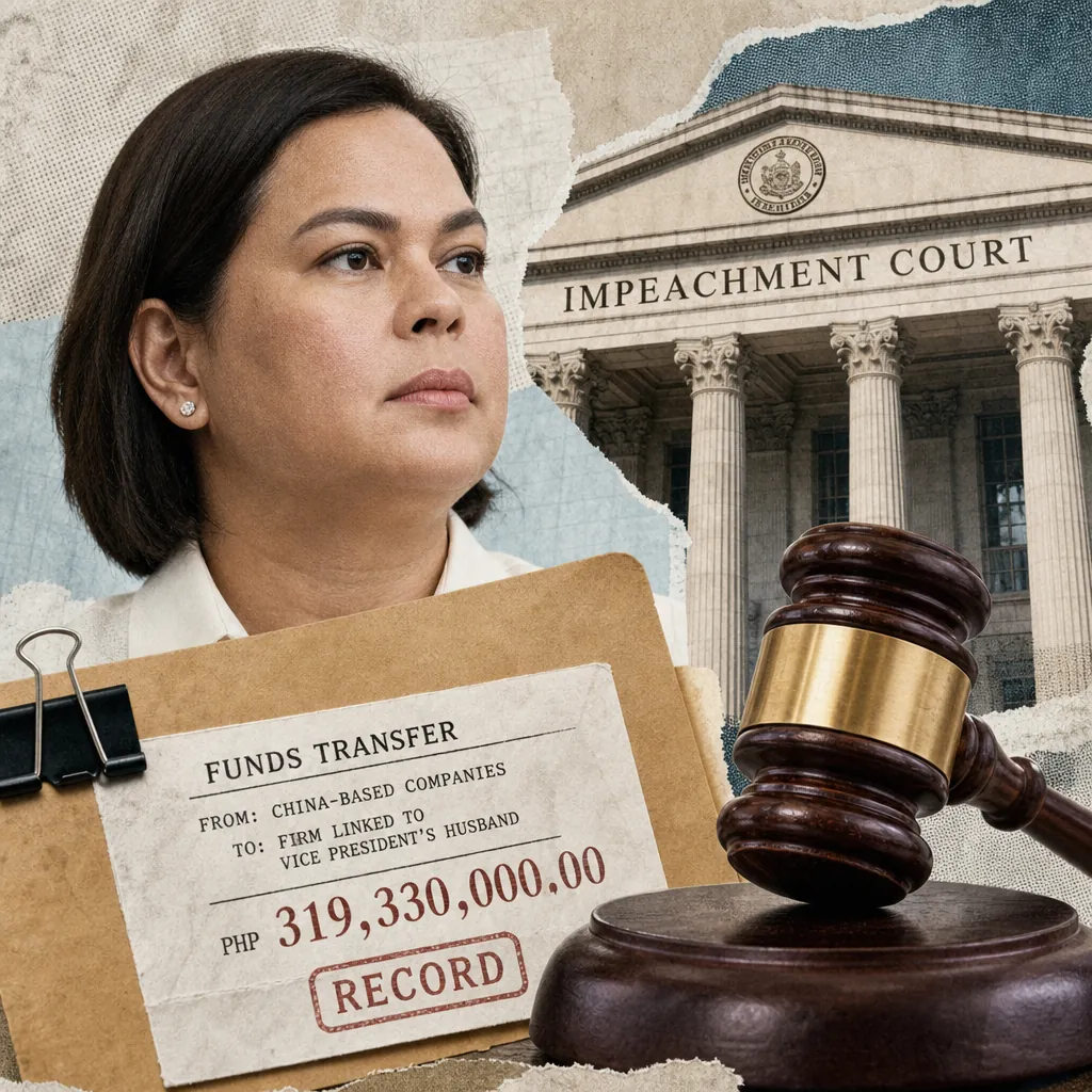 A woman stands before an impeachment court, with a gavel and folder labeled Chinese state firm remittances in Duterte’s trial in the foreground. 143 characters