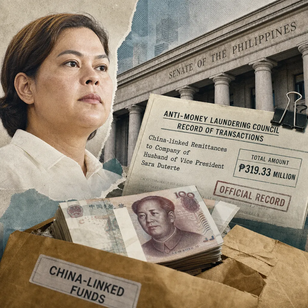 A woman stands before the Senate of the Philippines, with documents and cash labeled as China-linked remittances to Duterte family firm. (143 characters)