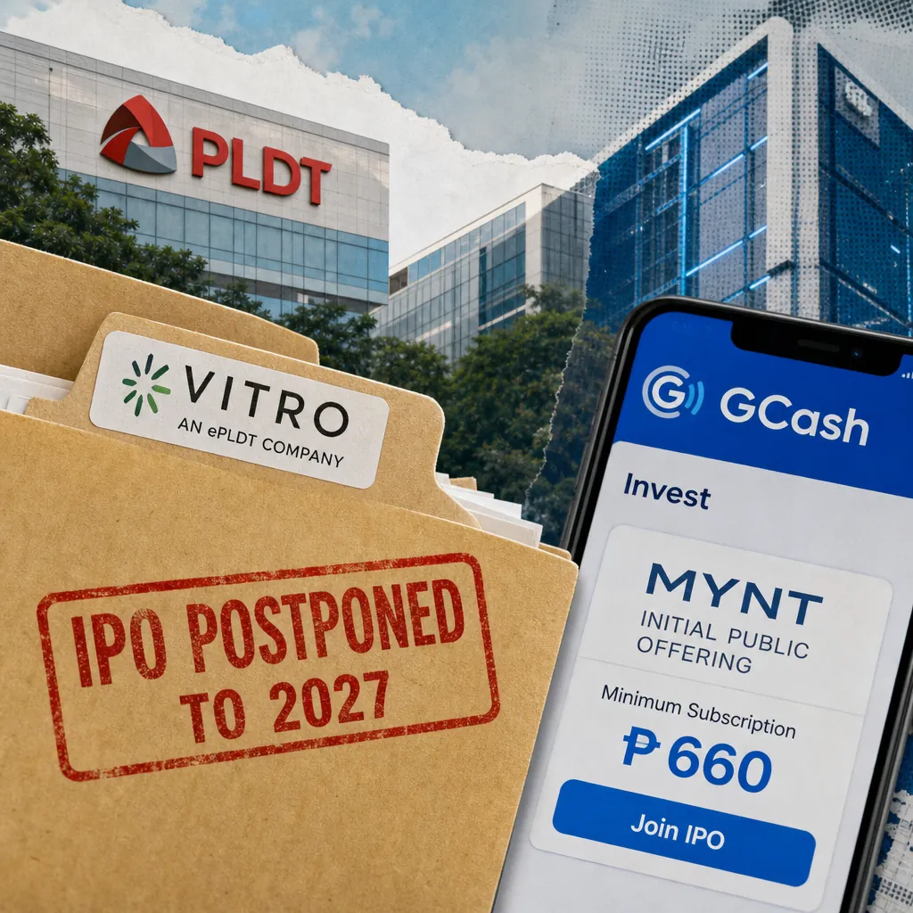 A folder labeled VITRO shows IPO postponed to 2027, with PLDT and GCash buildings, highlighting PLDT defers VITRO REIT IPO to 2027. (143 characters)