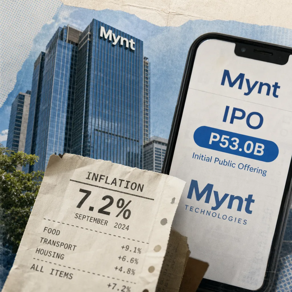 A Mynt office building, a phone showing Mynt IPO via GCash, and a receipt highlighting Philippine inflation hit 7.2 percent in September. (143 characters)
