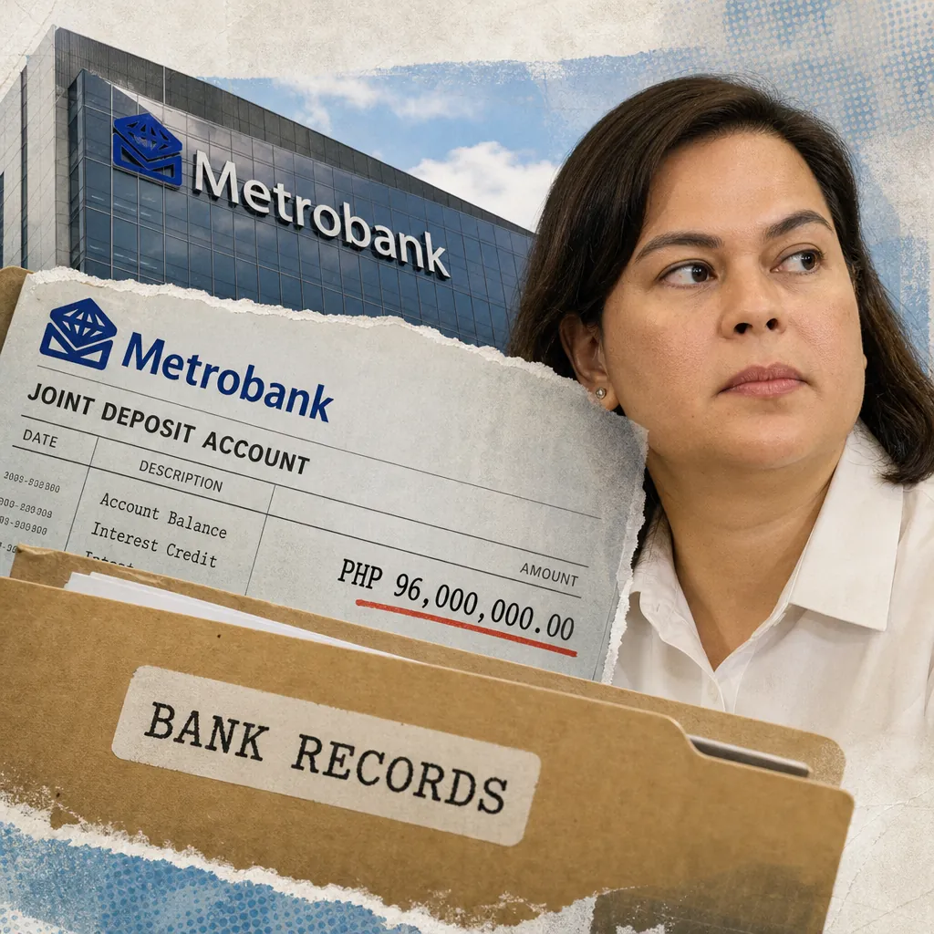 A woman sits beside a Metrobank building, with a folder labeled bank records and a statement showing P96M deposits, as Duterte impeachment focuses. (143 characters)