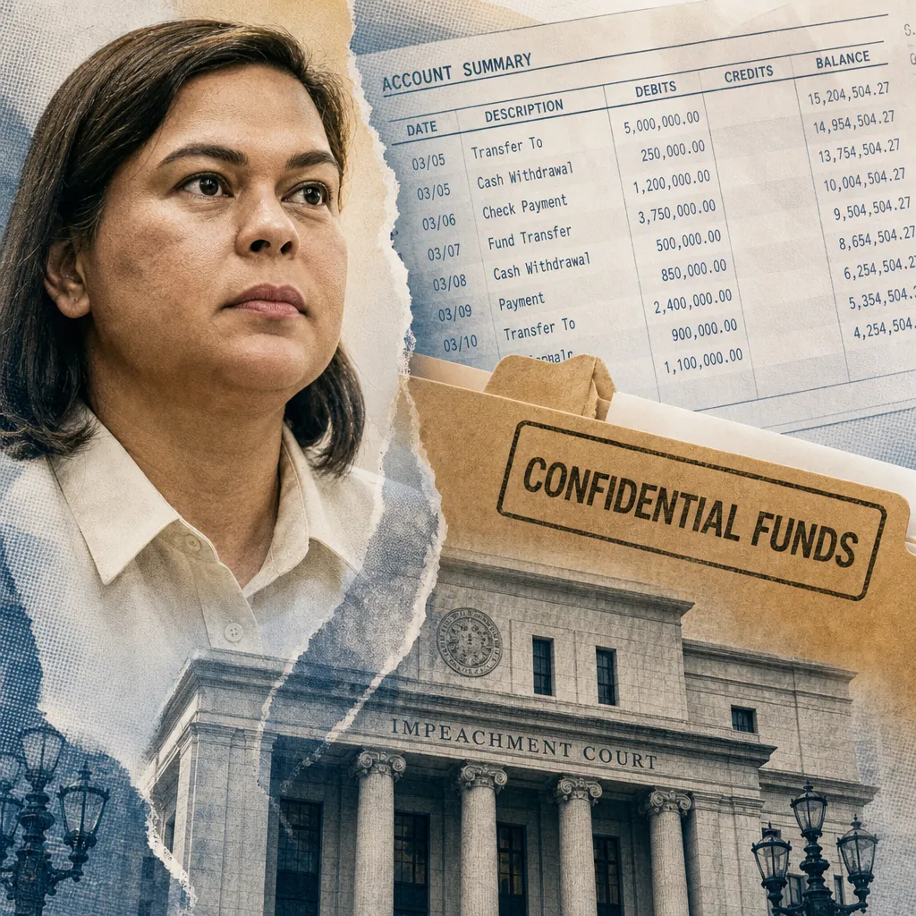 A woman stands before impeachment court columns, with bank records and a confidential funds folder, as inflation hit 7.2 percent and unemployment eased. (143 characters)