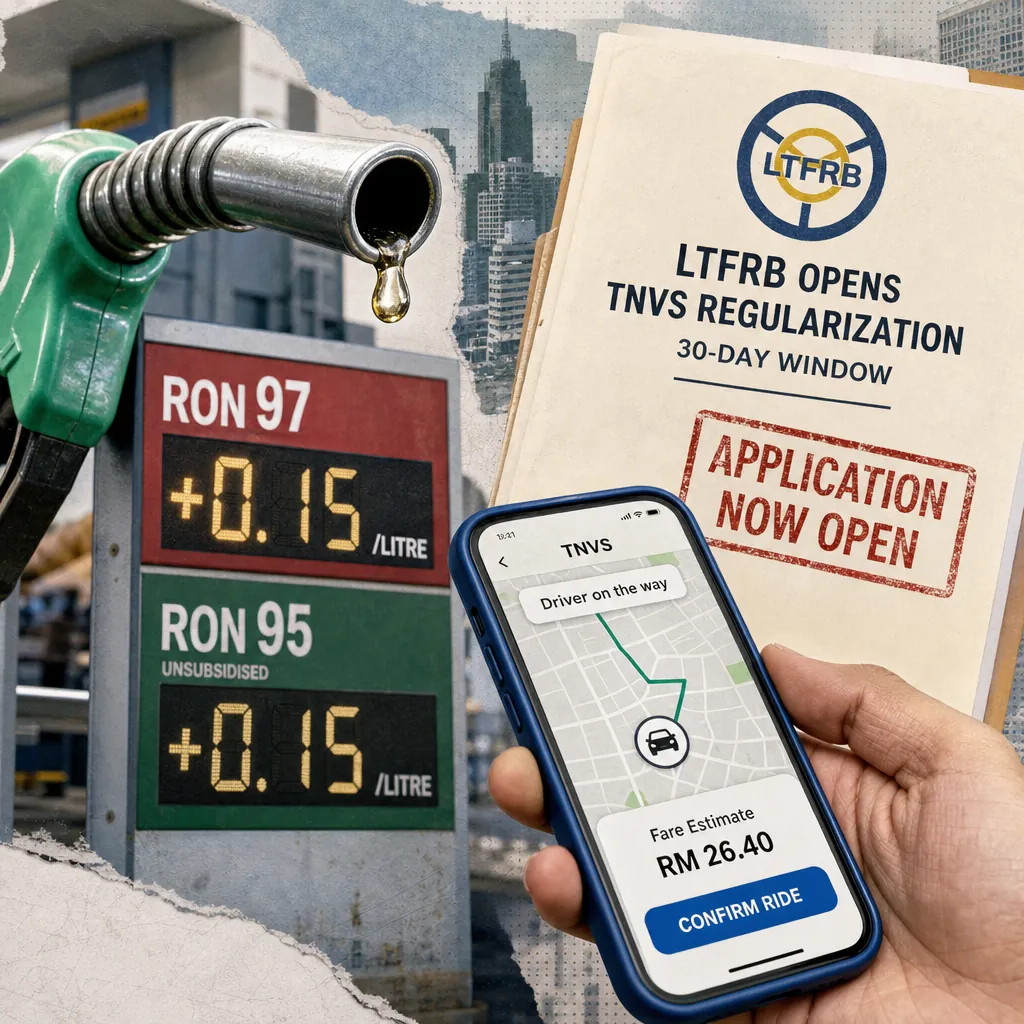 A fuel pump, RON97 and RON95 price signs, LTFRB TNVS regularization folder, and a phone app highlight Malaysia raises RON97 and RON95 fuel prices. (144 characters)