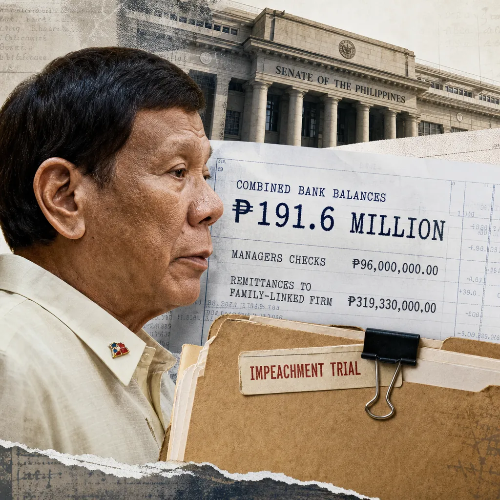 A man stands before the Senate of the Philippines, with documents showing ₱191.6M in alleged Duterte-Carpio bank balances and impeachment trial files. (143 characters)