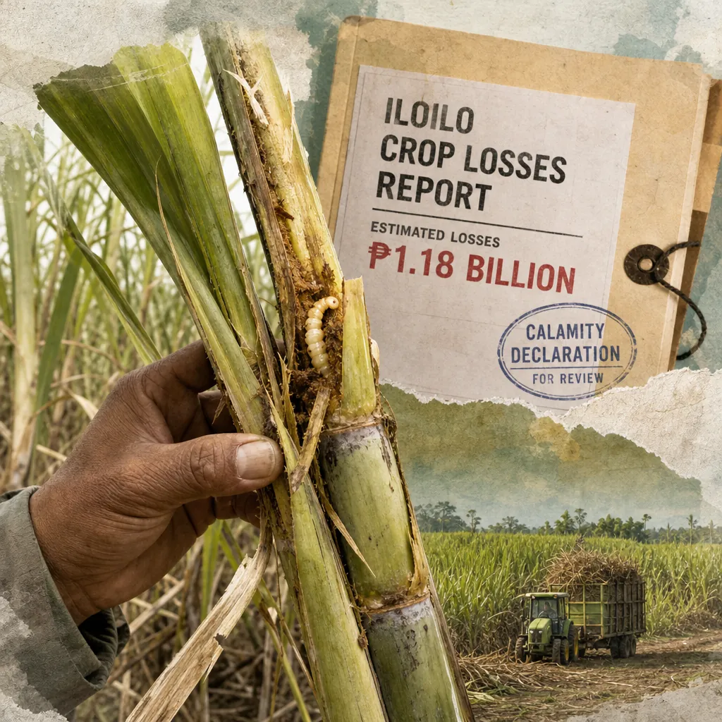 A hand holds pest-damaged sugarcane in a field, with a report folder showing Iloilo’s P1.18B sugarcane pest losses and a tractor nearby. (143 characters)