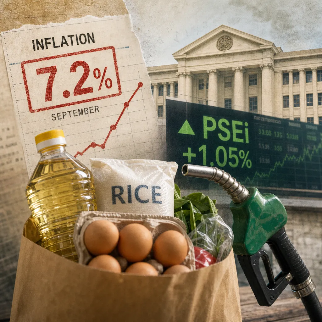 A grocery bag with rice, eggs, oil, and vegetables sits beside a gas nozzle, a PSEi board, and a chart showing September inflation rose to 7.2 percent. (143 characters)