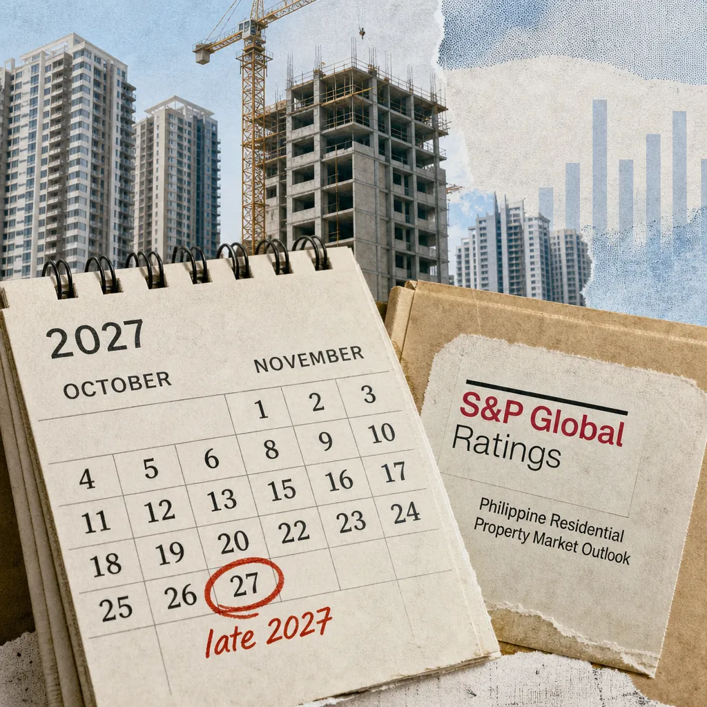A calendar showing late 2027, high-rise buildings under construction, and an S&P report, illustrating S&P forecasts Philippine residential recovery. (143 characters)