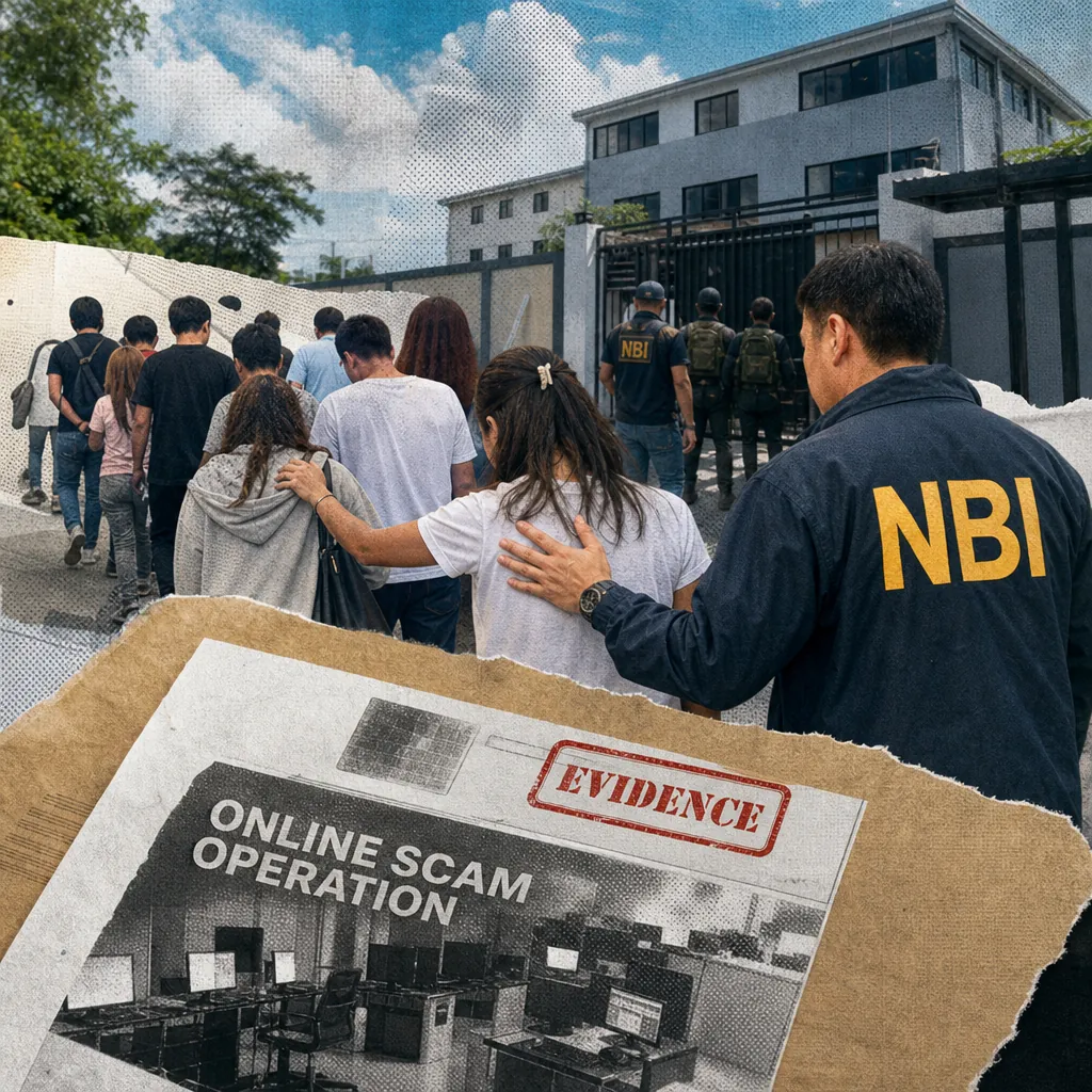NBI agents escort a group of people outside a building, with a document labeled "online scam operation" as evidence in Zamboanga Sibugay scam raids. (143 characters)