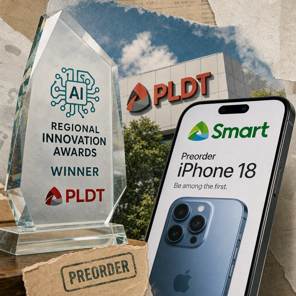 A trophy for a regional AI award for risk assessment beside a PLDT building and a Smart iPhone 18 preorder ad, reflecting user concerns. (143 characters)