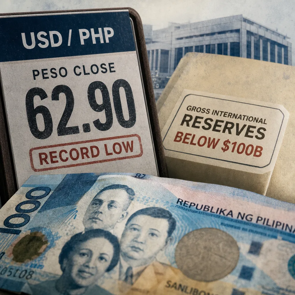 A sign shows the peso hit a record low, reserves fell below $100B, and a Philippine bill is displayed in front of a government building. (143 characters)