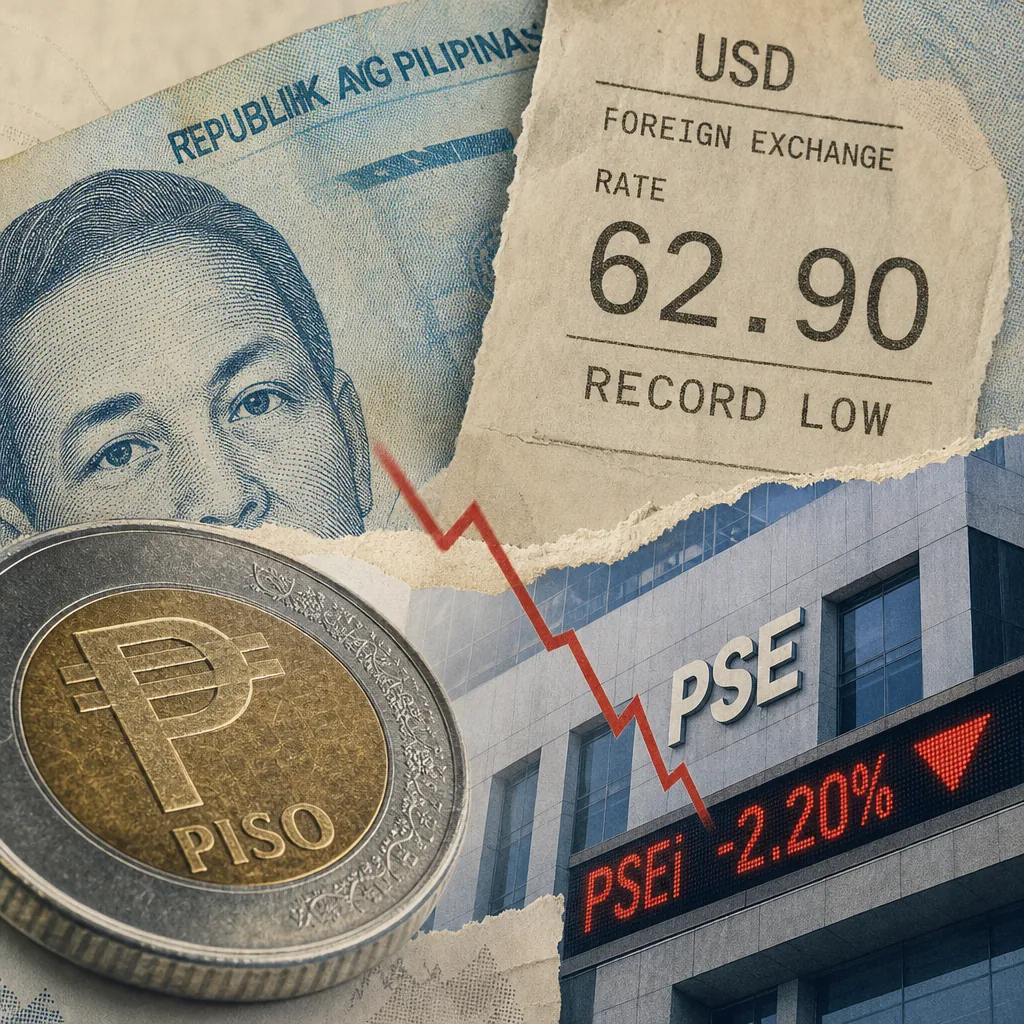 A Philippine peso coin, a bill, a forex rate at record low, and a stock market board show the peso hit a record low and stocks fell. (143 characters)