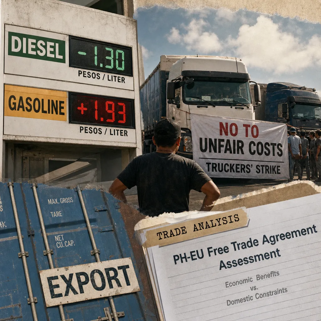 A fuel price board shows diesel prices drop and gasoline rises as truckers strike, with supply chains, excise tax, and export growth in focus. 143 characters