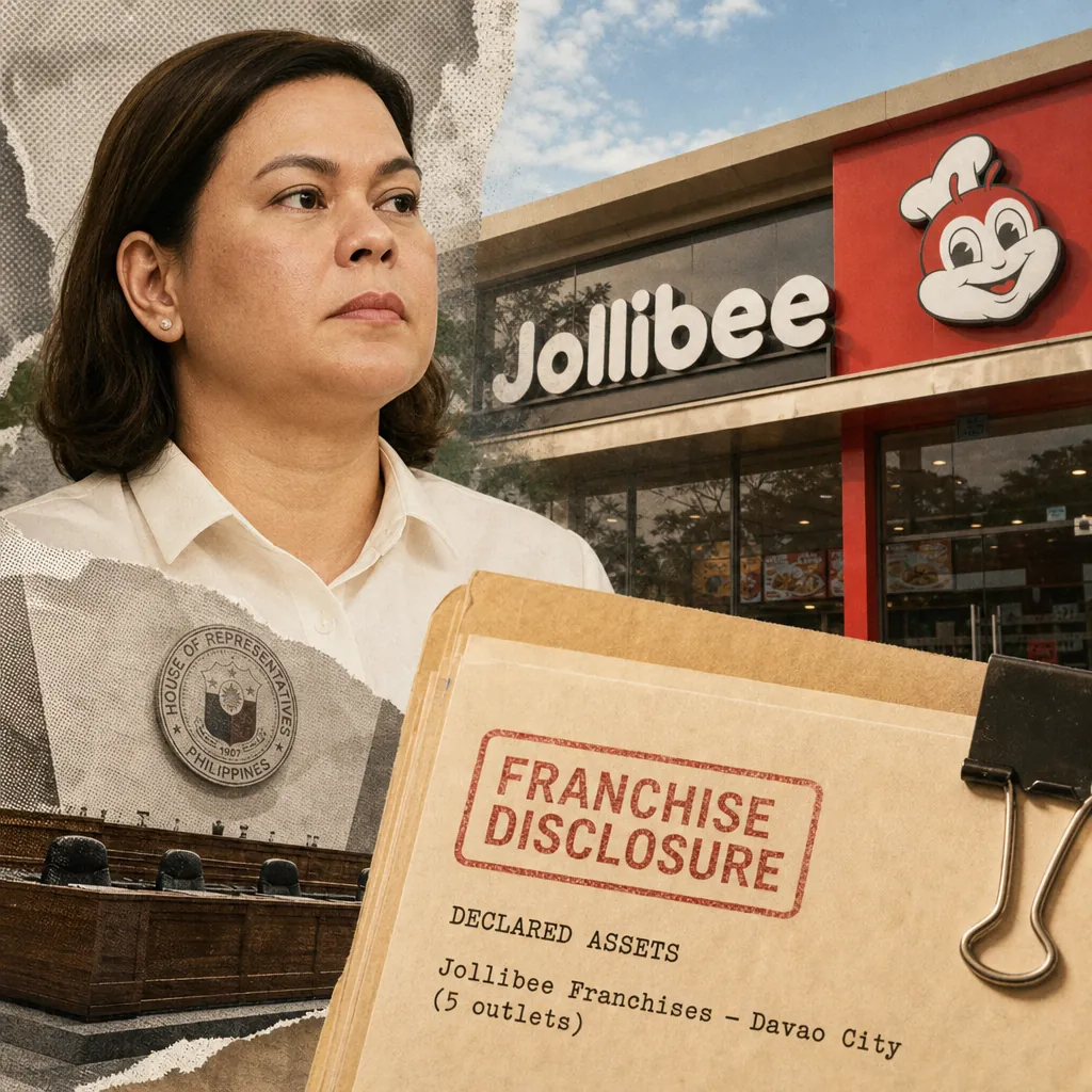 A woman stands in front of a Jollibee store, with a folder labeled franchise disclosure, referencing GenCorp’s five Jollibee franchises. 143 characters