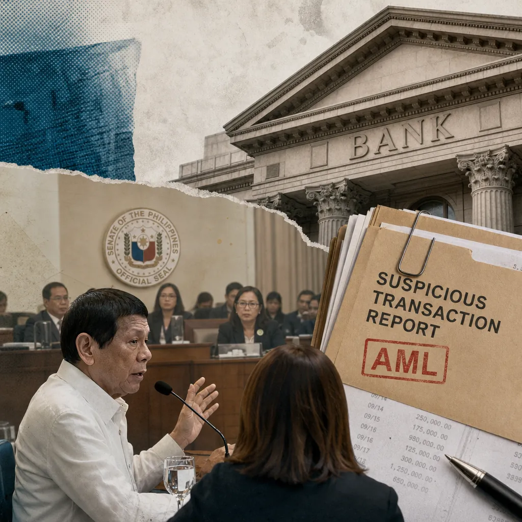 A collage shows a bank building, a Senate hearing with Duterte, and a suspicious transaction report, highlighting anti-money-laundering procedures. (143 characters)