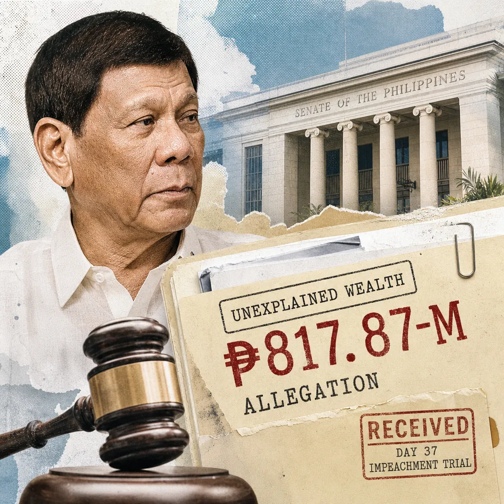 A man stands in front of the Senate of the Philippines, with a gavel and folder labeled Senate impeachment trial highlights Duterte’s alleged P817.87M unexplained wealth. (143 characters)