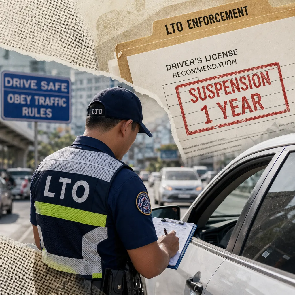 An LTO officer writes a ticket beside a car, with a sign and a document showing LTO enforcement actions and a one-year suspension notice. (143 characters)