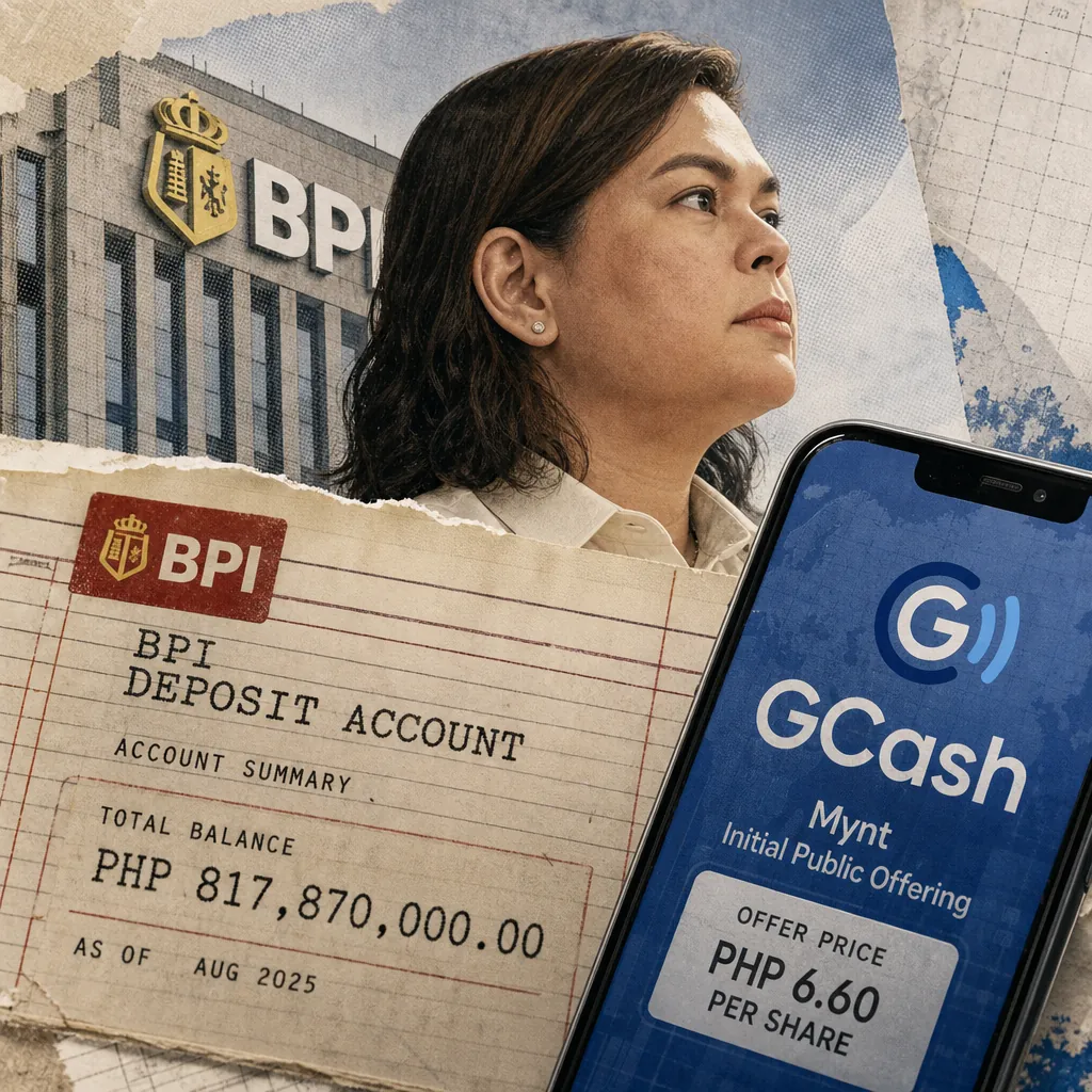A woman stands in front of a BPI building, with a BPI deposit account showing P817.87M and a GCash IPO offer price, as Senate trial spotlights BPI accounts. (143 characters)
