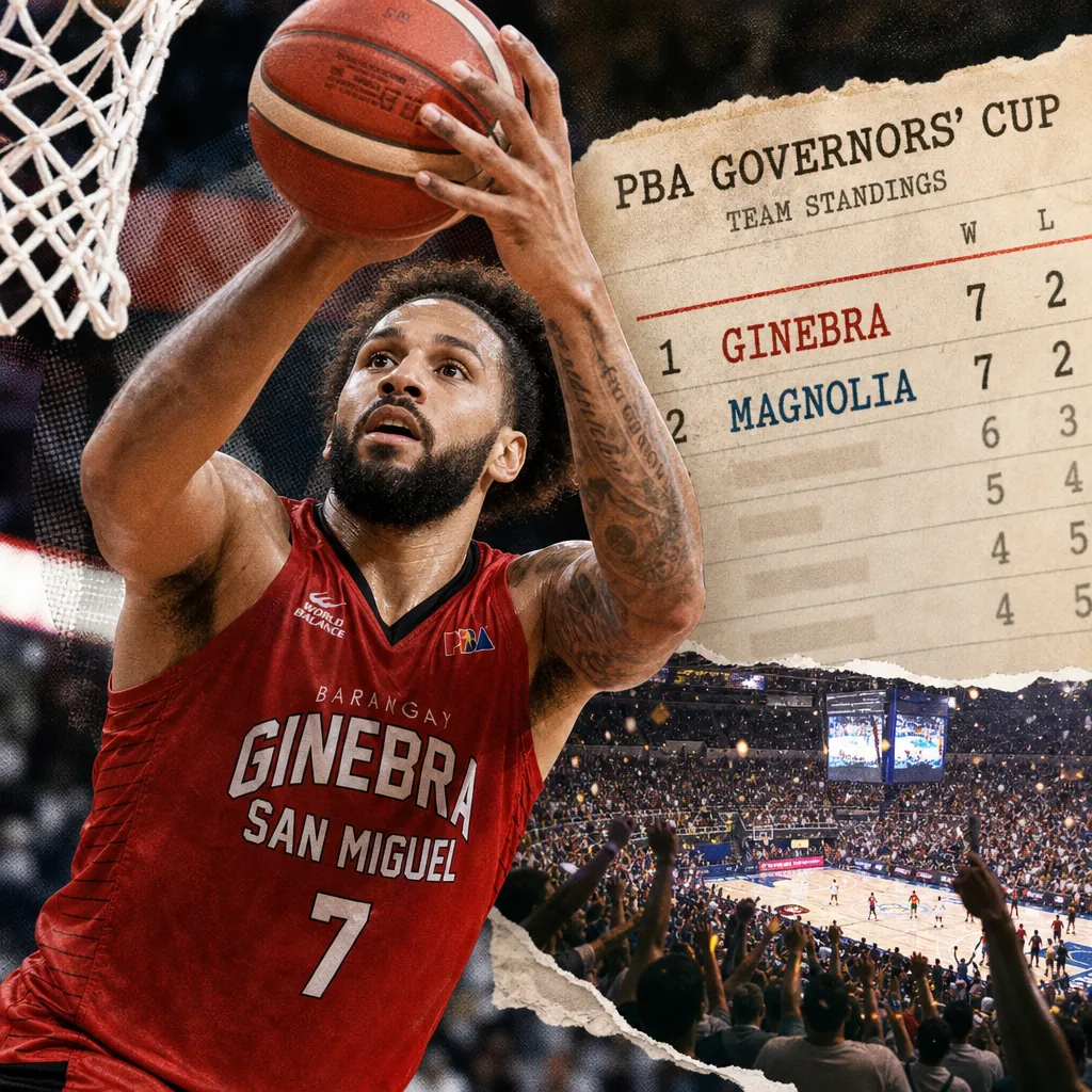 A basketball player in a Ginebra jersey shoots during a PBA Governors' Cup game, with team standings and a cheering crowd in the background. 143 characters