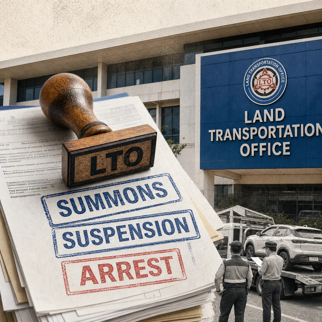 A stack of LTO documents stamped with summons, suspension, and arrest beside the Land Transportation Office, showing LTO enforcement and road incidents. (143 characters)