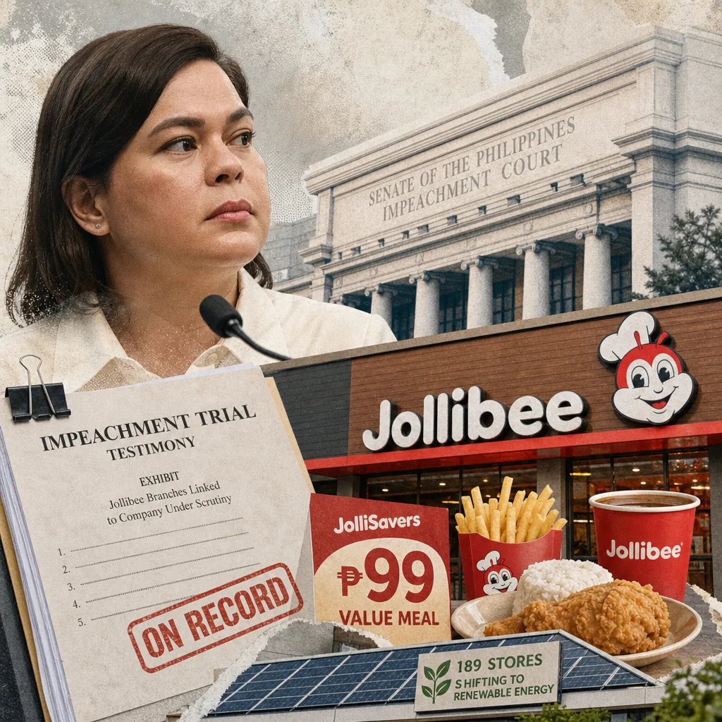 A collage shows a Jollibee sign, a courtroom scene, documents linking five Jollibee branches to GenCorp, and 189 stores shifting to renewable energy. (143 characters)