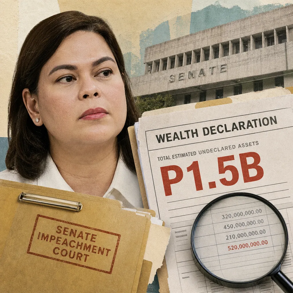 A woman stands in front of the Senate building with documents about alleged undeclared wealth, referencing the Duterte wealth probe and scam warnings. (143 characters)