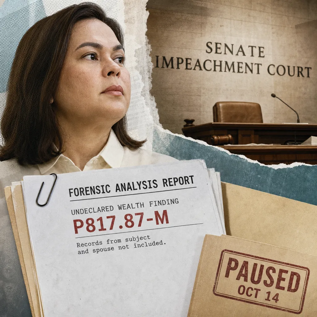 A woman stands in front of a courtroom with a sign reading Senate Impeachment Court, holding a folder labeled ₱817.87M undeclared wealth allegation. (143 characters)