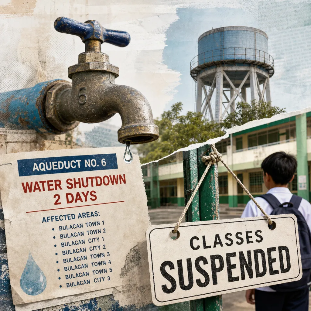 A two-day water shutdown disrupted eight Bulacan towns, with a dripping faucet, shutdown sign, locked school gate, and Bulacan map shown. (143 characters)