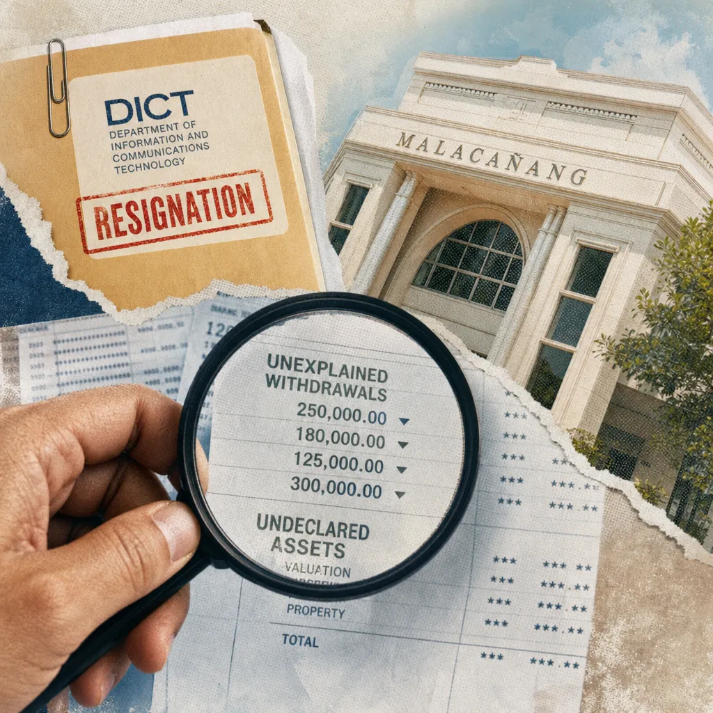 A man testifies at a Senate impeachment trial with financial statements showing a ₱41M withdrawal, NBI money-laundering probe, and DICT chief resignation. (144 characters)