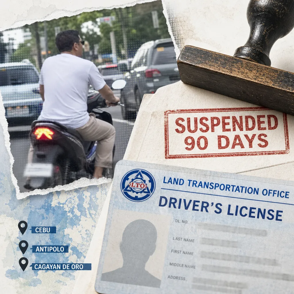 A man rides a motorcycle without a helmet, with an LTO office and a suspended driver’s license, as fatal crashes shape the sector. (143 characters)