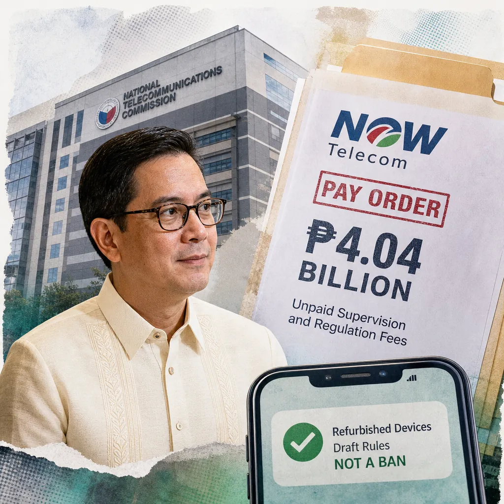 A man raises his hand in oath before a DICT building, with a telecom tower and an NTC order for NOW Telecom to pay ₱4.04B in fees visible. 143 characters
