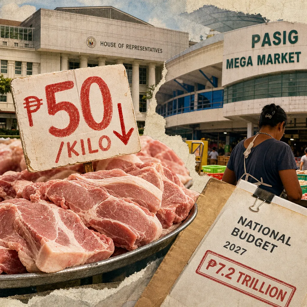 Raw pork with a P50 per kilo price sign at Pasig Mega Market, House of Representatives, and the ₱7.2T budget headline as pork prices fell sharply. (143 characters)
