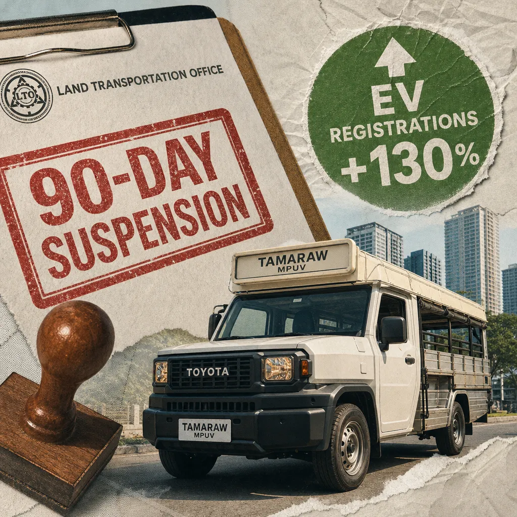 A Toyota Tamaraw, an LTO building, a 90-day suspension notice, and an EV charging gauge illustrate Philippine automotive trends. (143 characters)