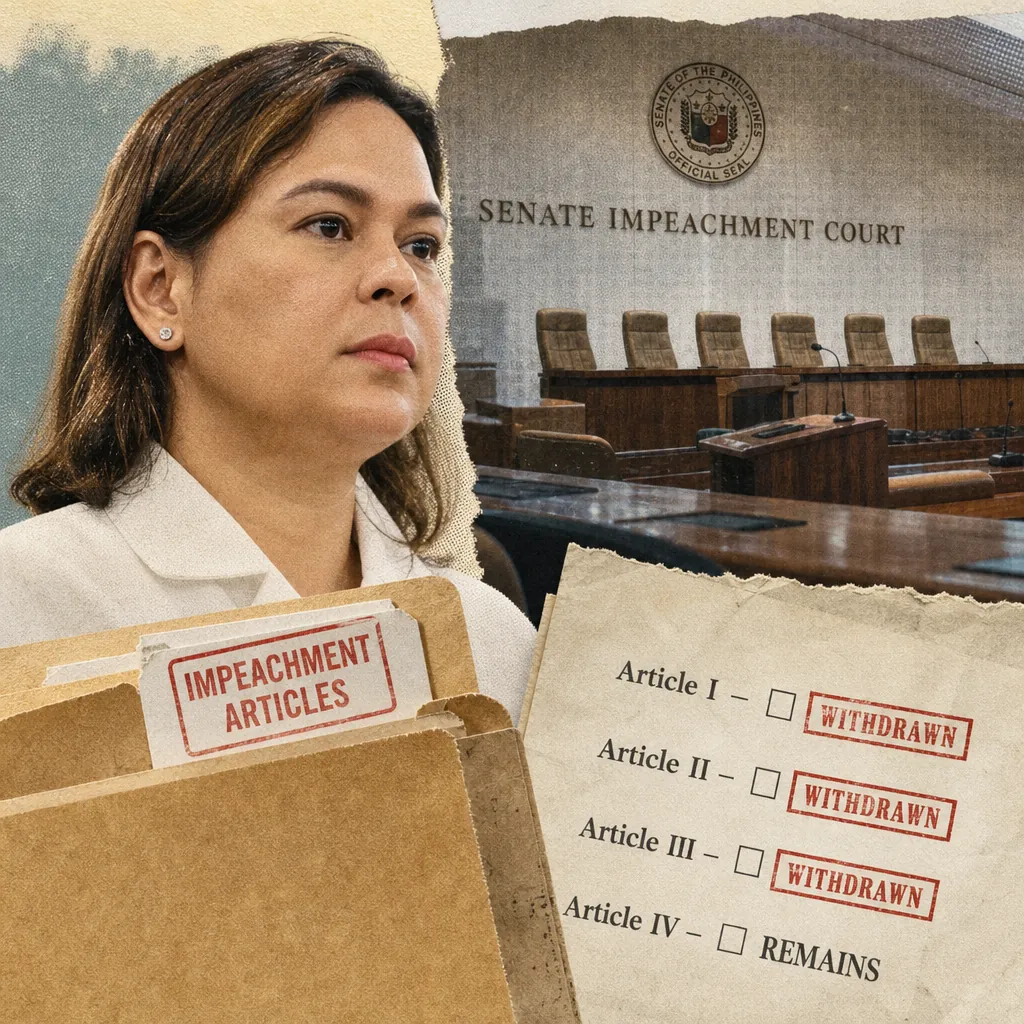 A woman stands in front of a Senate courtroom, with impeachment documents highlighting unexplained wealth after three charges were withdrawn by prosecutors. (143 characters)