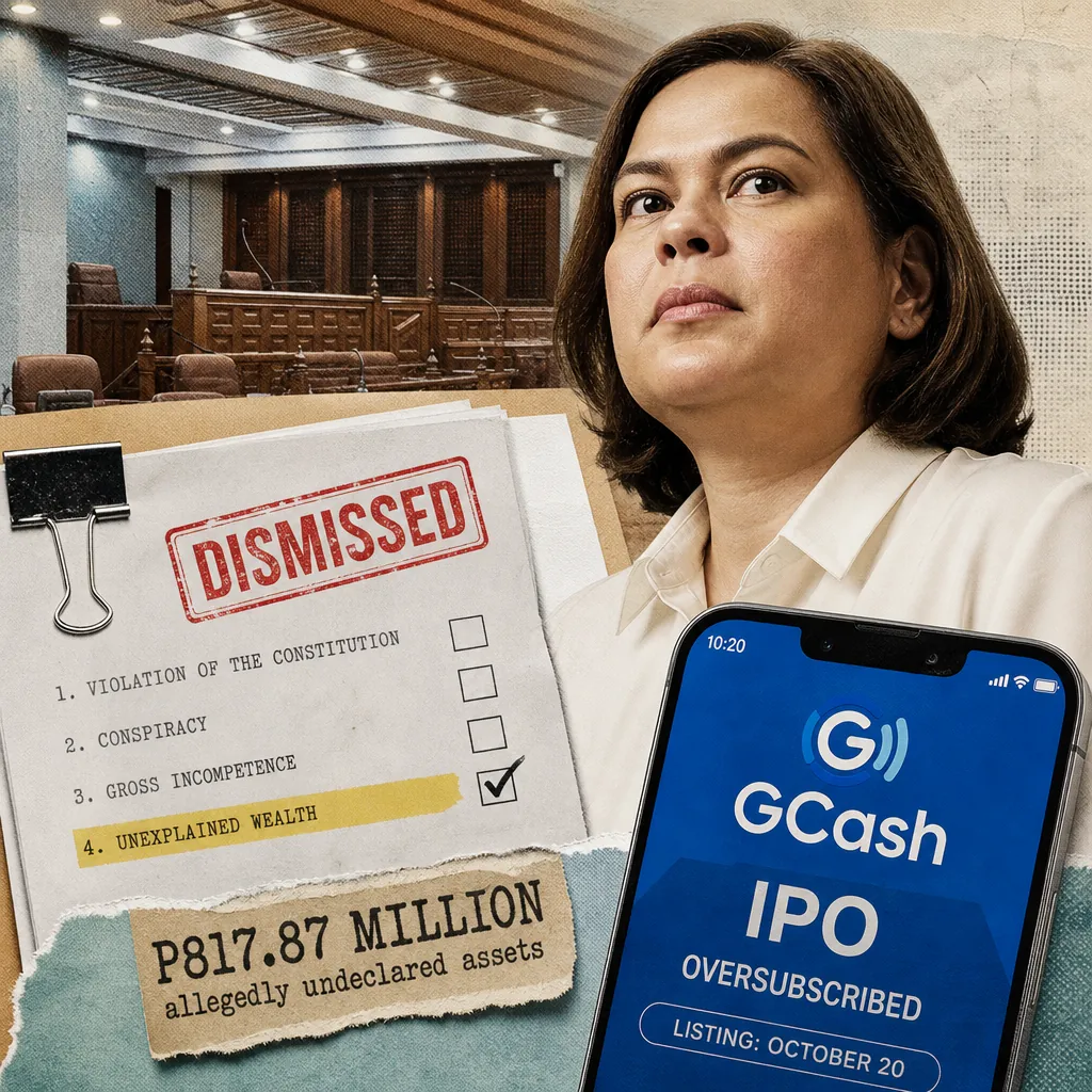 A woman stands in front of the Senate building beside a folder labeled impeachment court, referencing P817.87M undeclared assets and AMLC findings. (143 characters)