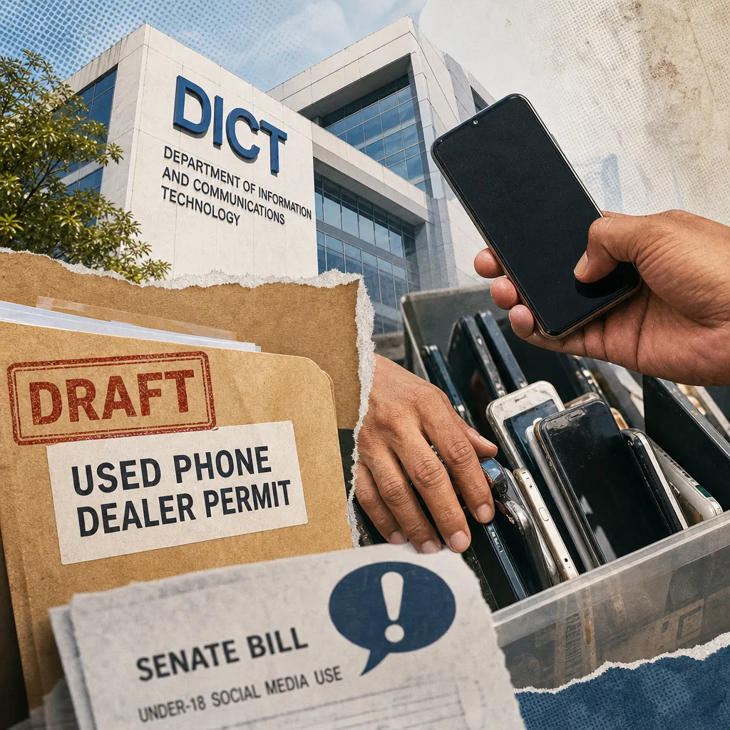 A person looks at a phone near a box of used phones, an NTC building, and a draft permit, showing new priorities and a procurement review underway. (143 characters)