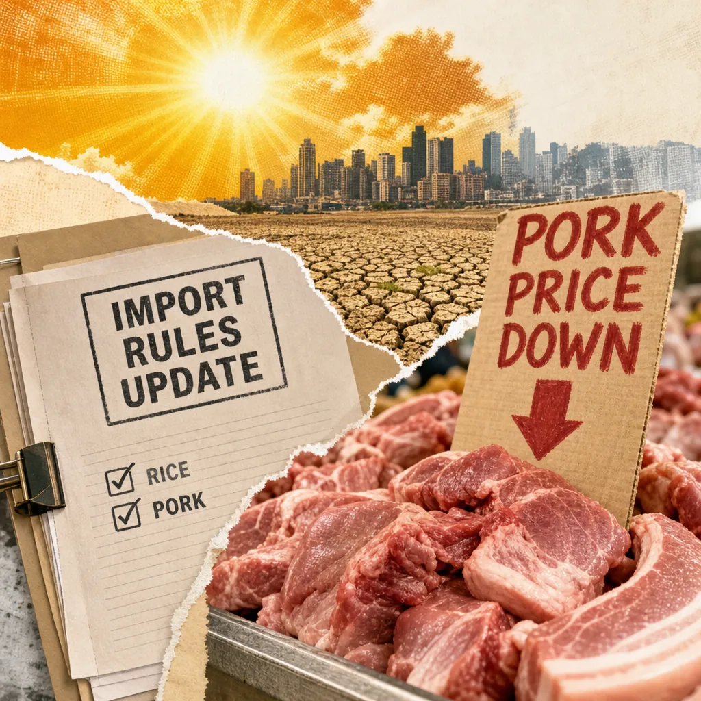 A pork price sign, rice and pork import rules document, and dry cracked soil illustrate severe El Niño may push Philippine inflation above 8%. (143 characters)