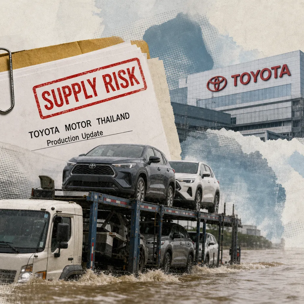 A split image shows a flooded Thai factory, Toyota vehicles unloading from a ship, and a document warning of Thai flood supply risks. 143 characters