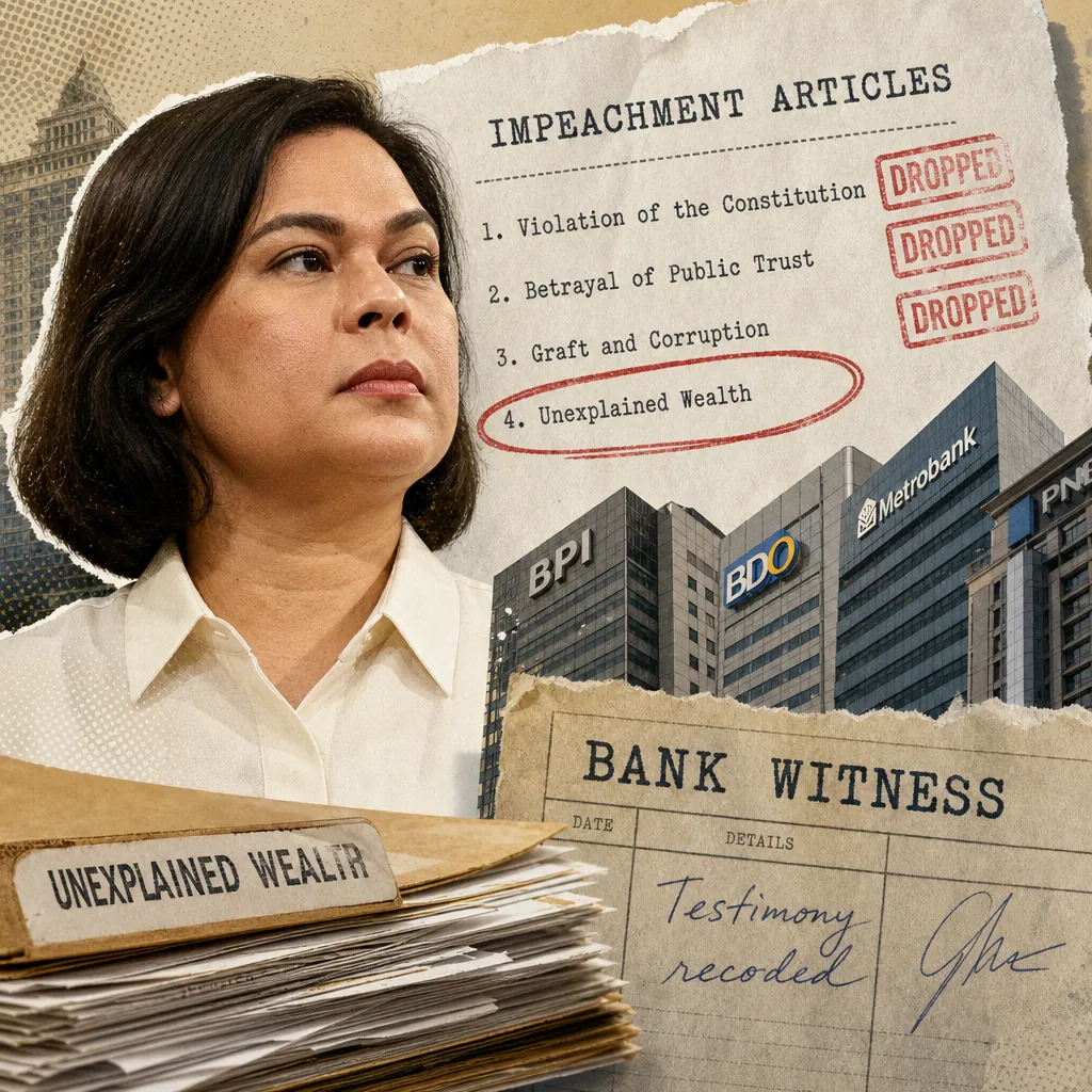 A serious woman stands before an impeachment court, with folders labeled unexplained wealth and a sign reading bank witness, showing suspicious transactions. (143 characters)