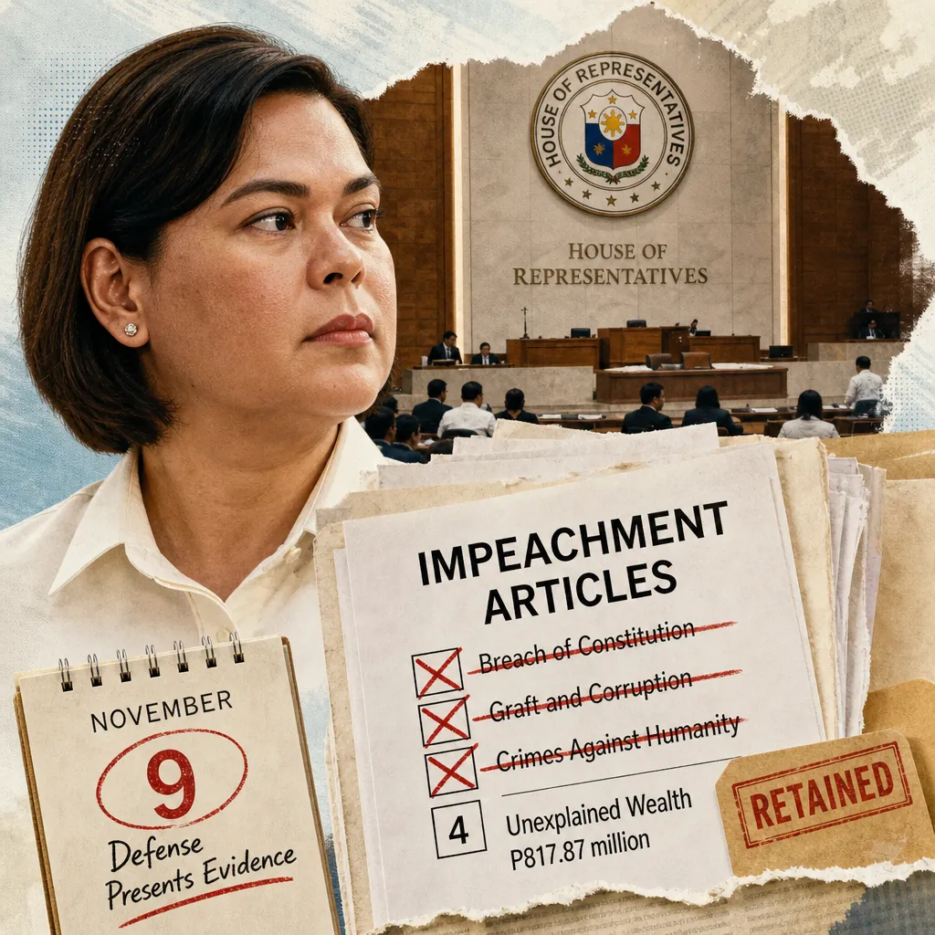 A woman stands beside a folder listing impeachment articles, with only the unexplained wealth charge remaining as the Senate trial proceeds. (143 characters)