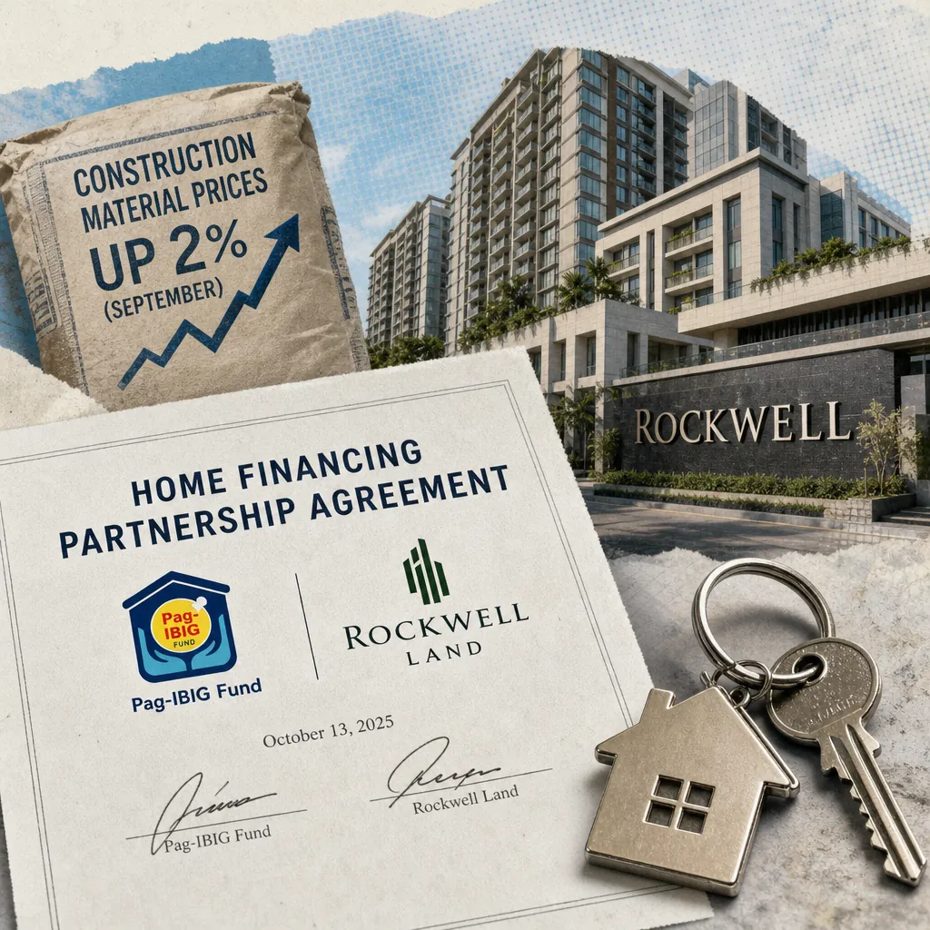 A Rockwell Center building, construction materials, and a Pag-IBIG and Rockwell Land home financing partnership document illustrate rising Metro Manila construction costs. (143 characters)