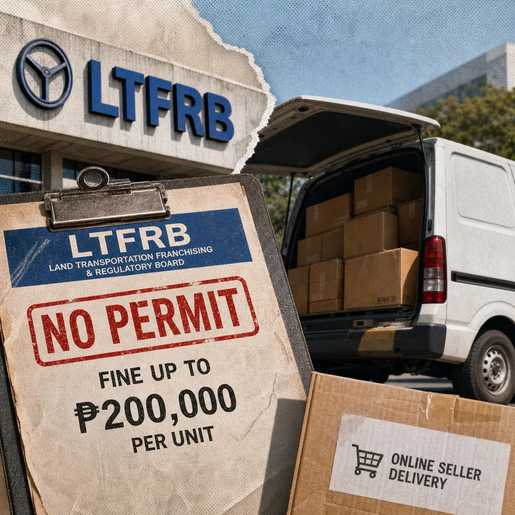A collage shows LTFRB headquarters, a van labeled online delivery, a notice about fines, and a wheel clamp, illustrating LTFRB cracks down on unpermitted delivery vehicles. (145 characters)