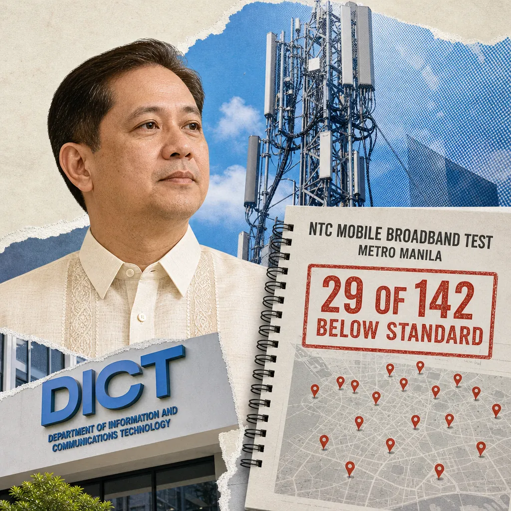 A DICT building, a telecom tower, a city skyline, and a map highlight telco service gaps and digital jobs fairs expand in Mindanao. (143 characters)