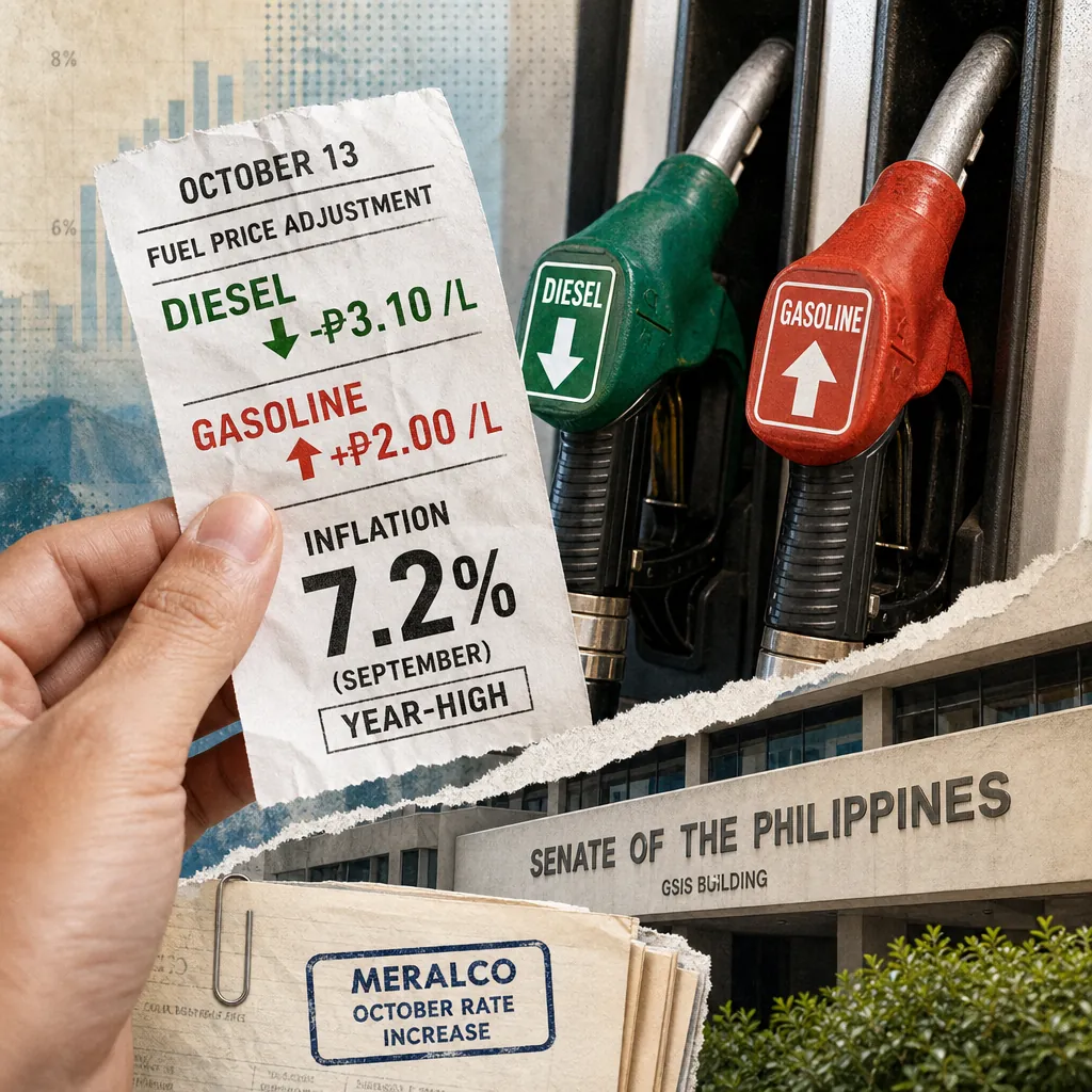 Gasoline and diesel pumps show fuel prices split, inflation hit 7.2 percent, power rates rose, and DTI assured stable goods in a shopping cart. (143 characters)
