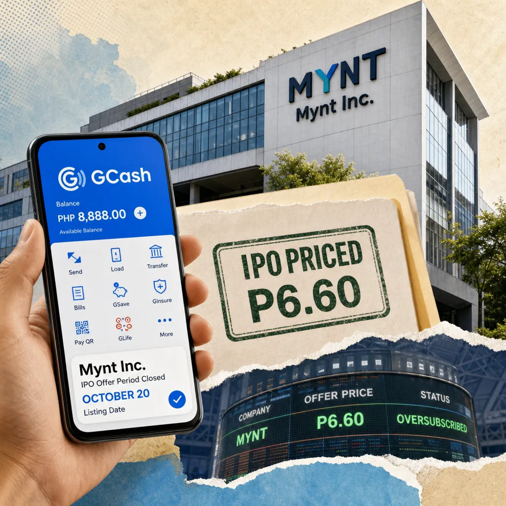 A Mynt building, IPO notice, Philippine Stock Exchange, and GCash app illustrate Philippine financial trends from the meta description. 143 characters