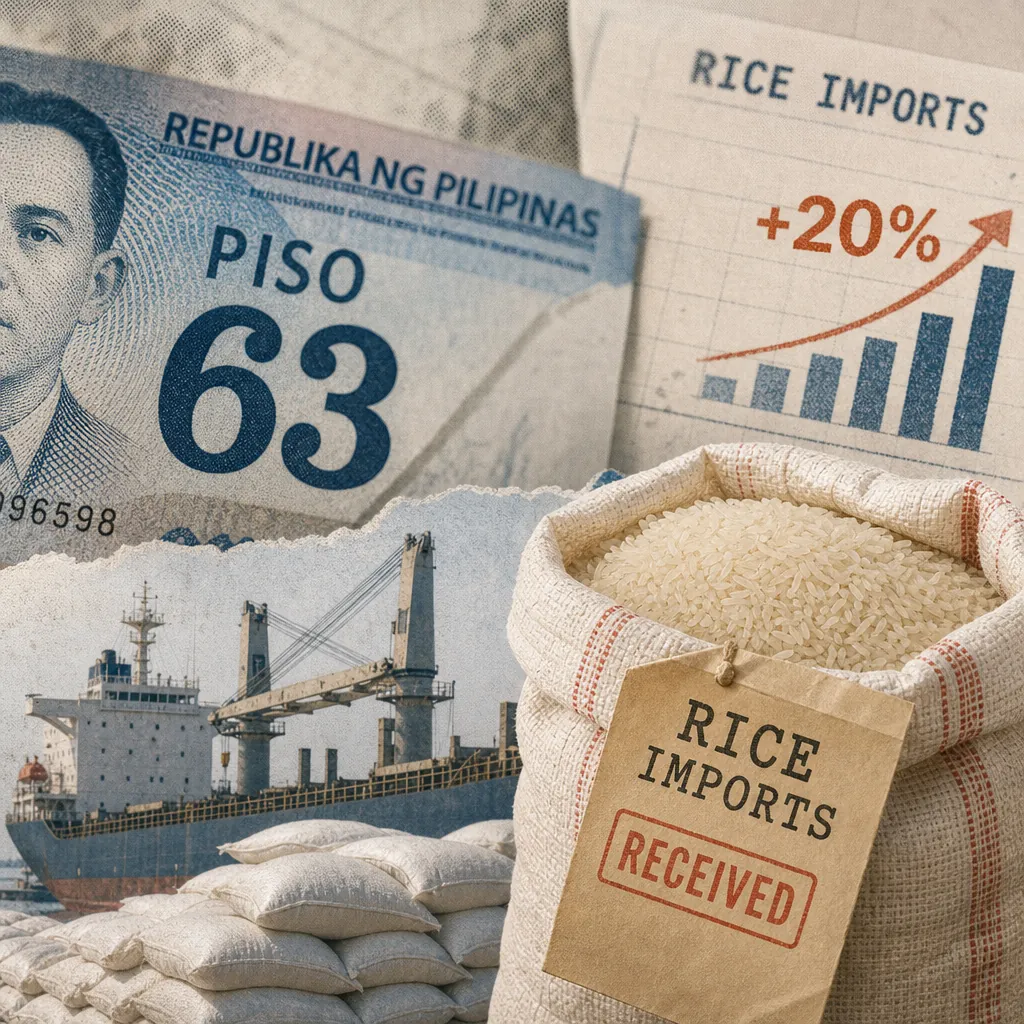 A hand holds a 1000 peso bill marked 63.00 per US dollar beside a rice sack labeled rice imports, showing Philippine consumer news this week. (143 characters)