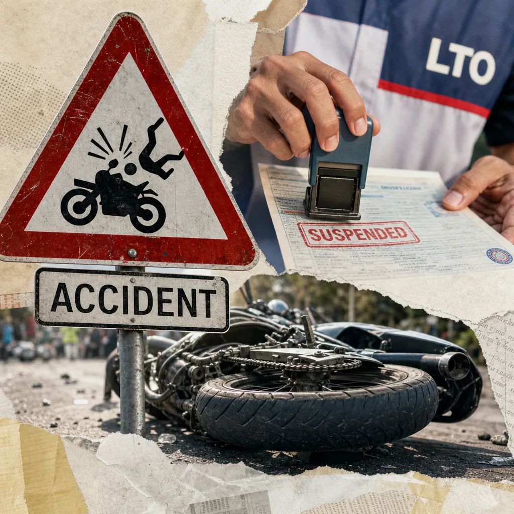 A suspended driver’s license, a road safety sign, and a crashed motorcycle illustrate fatal crashes and LTO enforcement shape the sector. 143 characters