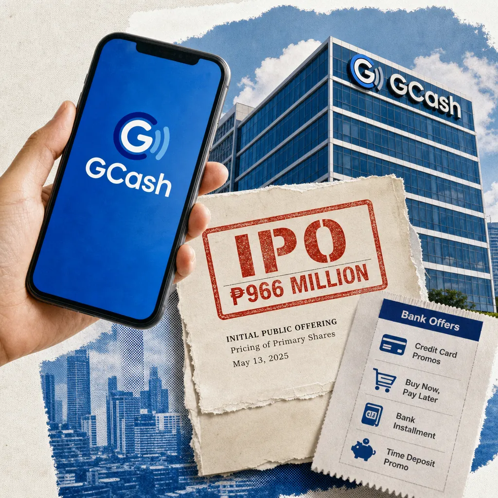 A hand holds a phone showing GCash parent’s record $966M IPO, with Philippine Stock Exchange, bank offers, and OTP slip in the background. (143 characters)