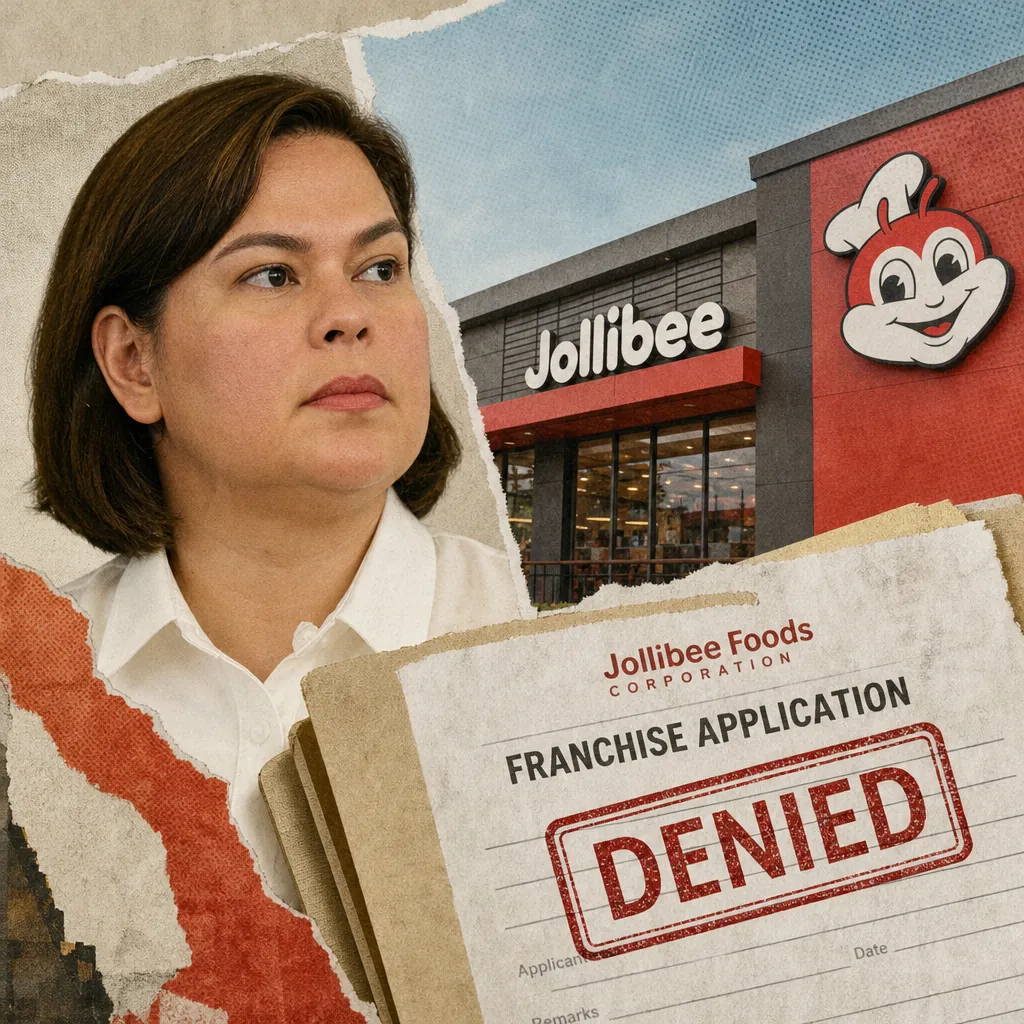 A woman looks away in front of a Jollibee store, with a denied franchise application, showing Sara Duterte’s Jollibee franchise denial. (143 characters)