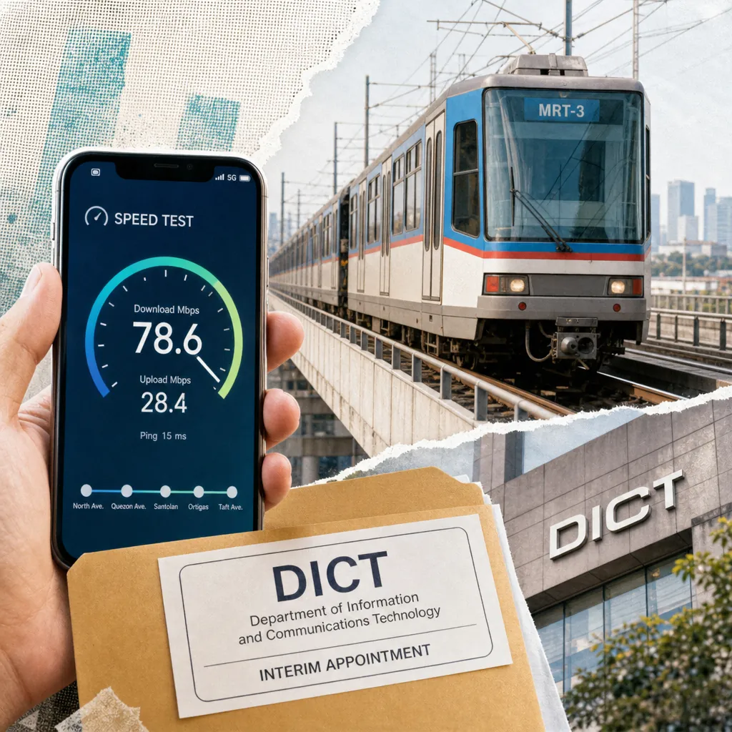 A collage shows an MRT-3 train, a hand holding a phone with an NTC speed test, and an NTC sign, highlighting Philippine telecom trends. (143 characters)