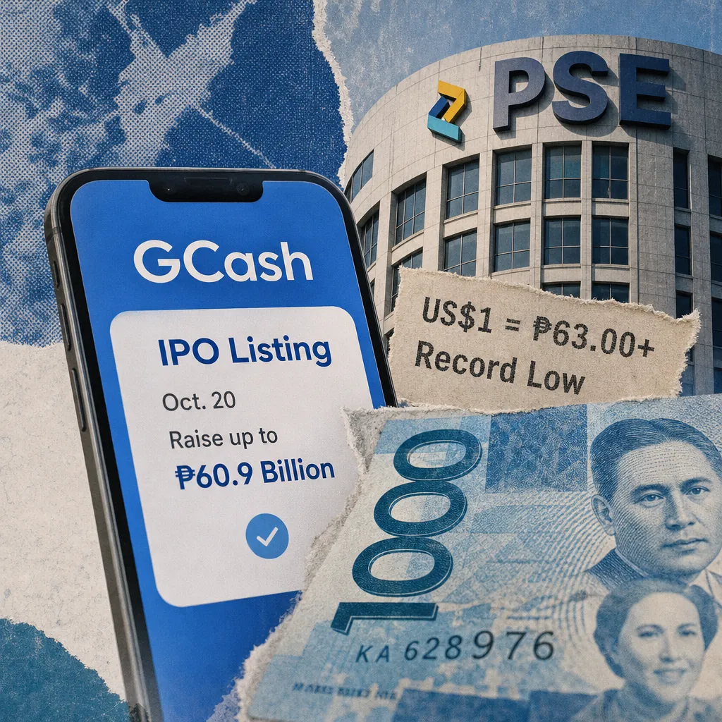 A smartphone shows GCash’s ₱60.9B IPO as the peso hit a record low past 63 to the dollar, with the Philippine Stock Exchange in the background. (143 characters)
